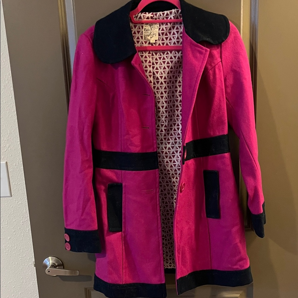 TULLE ANTHROPOLOGIES SMALL PEA COAT MAGENTA PINK NAVY BLUE WOOL BLEND